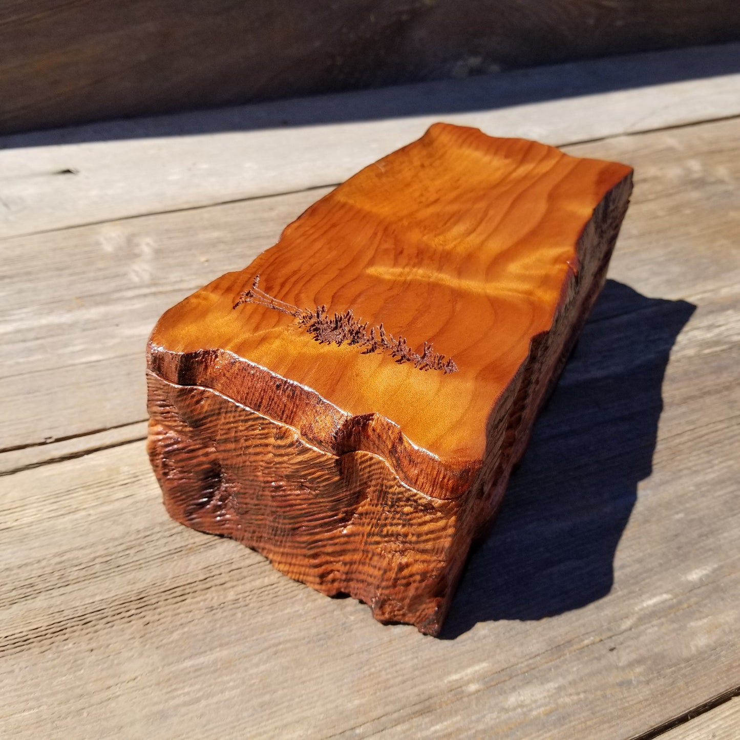 Handmade Wood Box with Redwood Tree Engraved Rustic Handmade Curly Wood #396 California Redwood Jewelry Box Storage Box