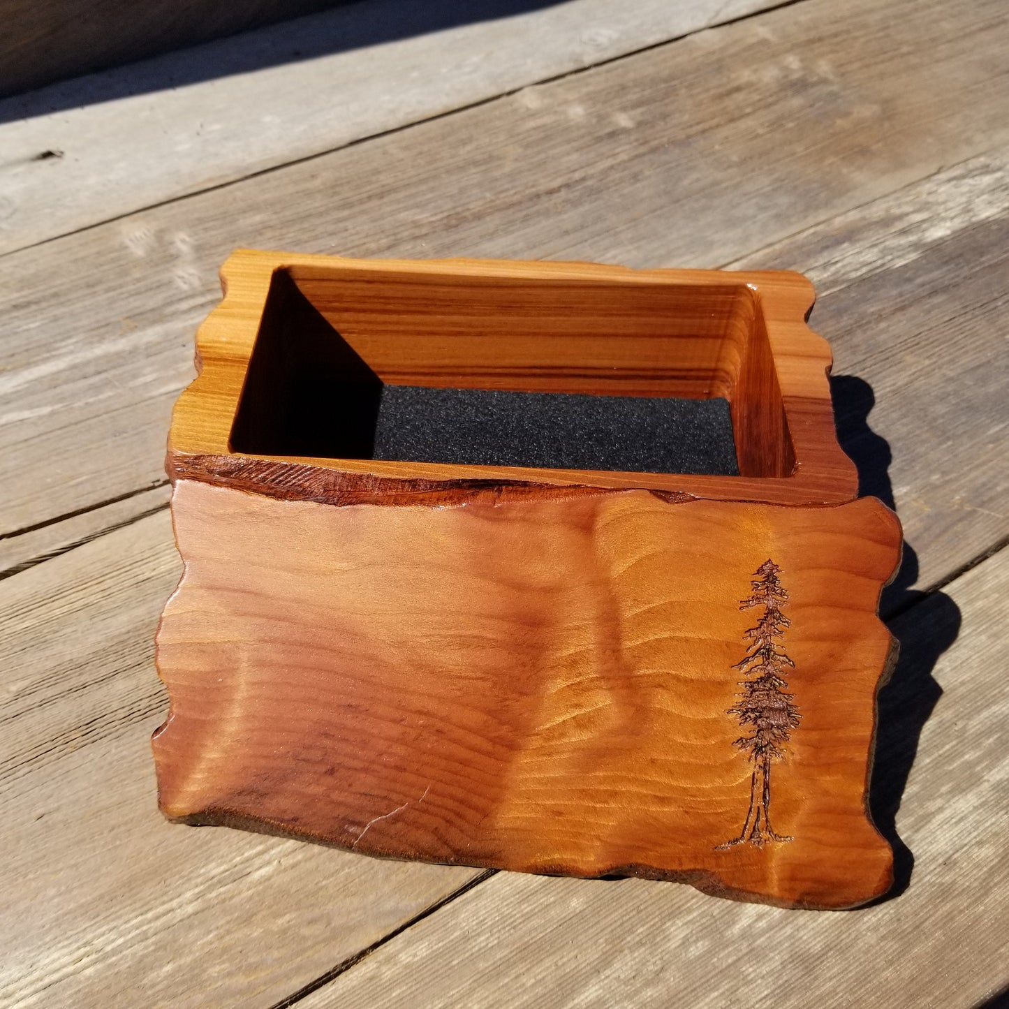 Handmade Wood Box with Redwood Tree Engraved Rustic Handmade Curly Wood #396 California Redwood Jewelry Box Storage Box