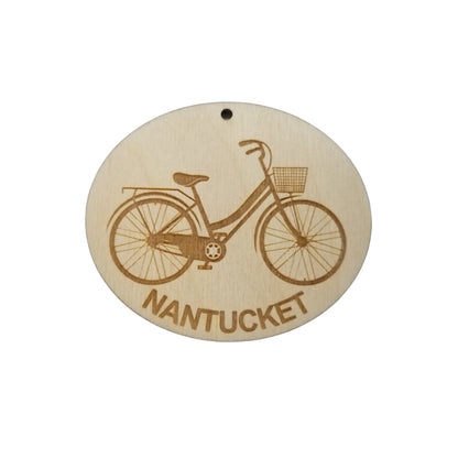 Nantucket Wood Ornament - Womens Bicycle with Basket and Bike Rack - Handmade Wood Ornament Made in USA Christmas Decor