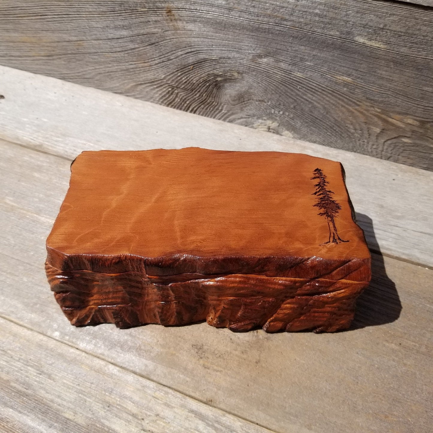 Handmade Wood Box with Redwood Tree Engraved Rustic Handmade Curly Wood #461 California Redwood Jewelry Box Storage Box