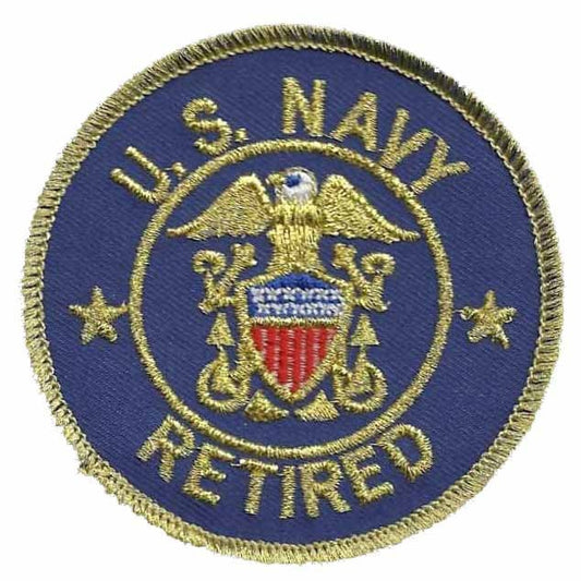 US Navy Retired Patch Iron On Vintage US Military Blue Circle Gold Border 3"