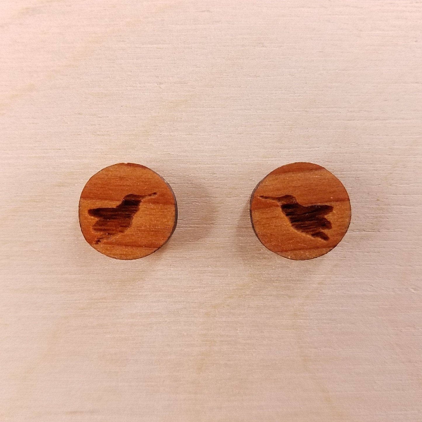 Hummingbird Earrings - Wood Earrings - California Redwood Stud Earrings