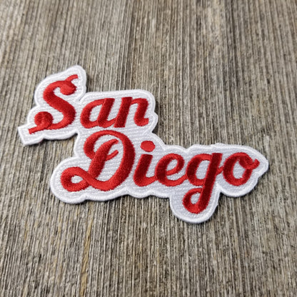 San Diego Patch Iron On Souvenir - Script Red and White - California Badge Emblem