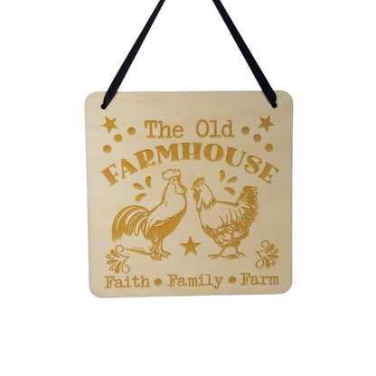 Farmhouse Sign - The Old Farmhouse Faith Family Farm - Rustic Decor - Hanging Wall Wood Plaque - 5.5" Chicken Rooster