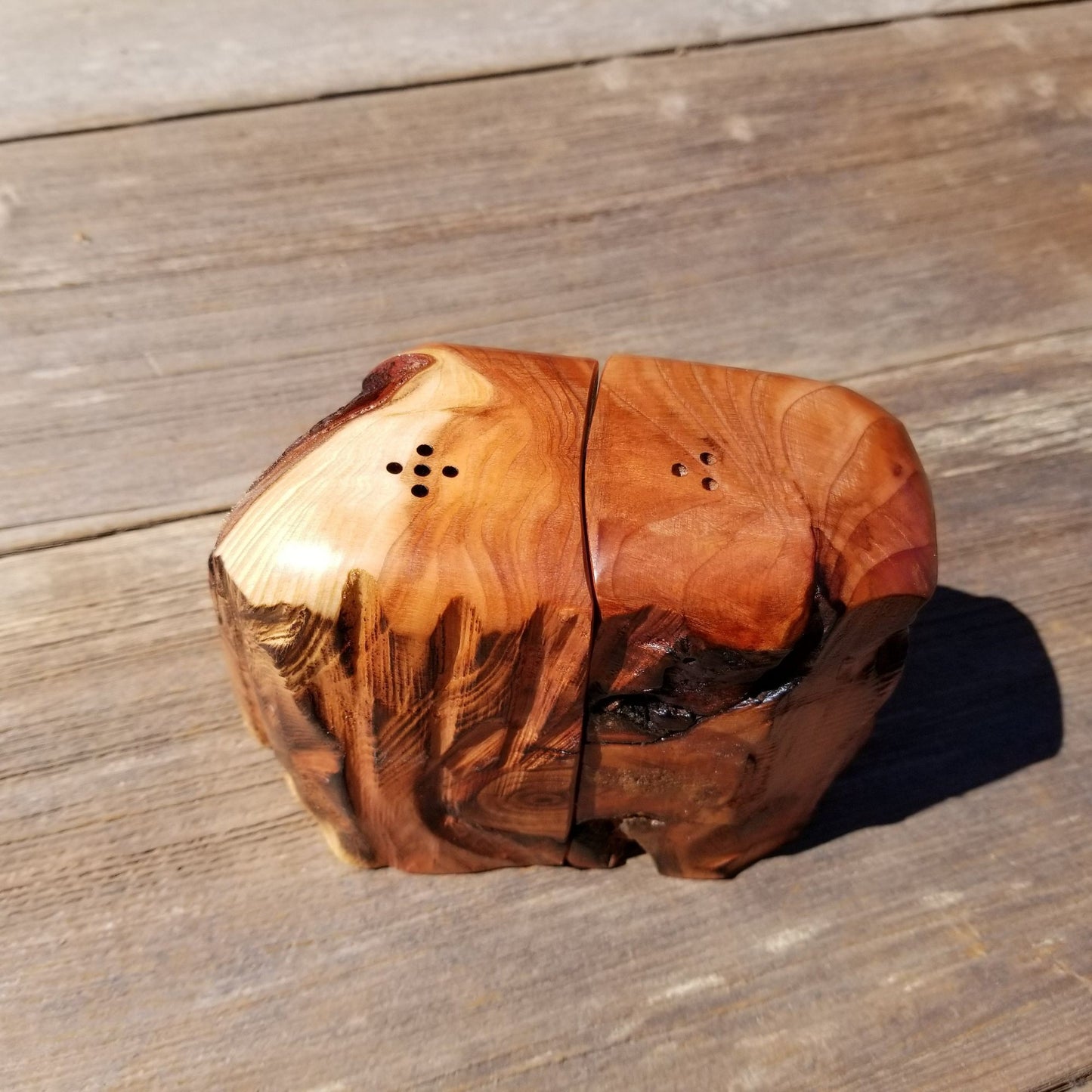 Redwood Salt and Pepper Shakers Set Souvenir California Handmade Rustic Unique Shape Handcrafted Wood Shakers Set #388 2 Tone