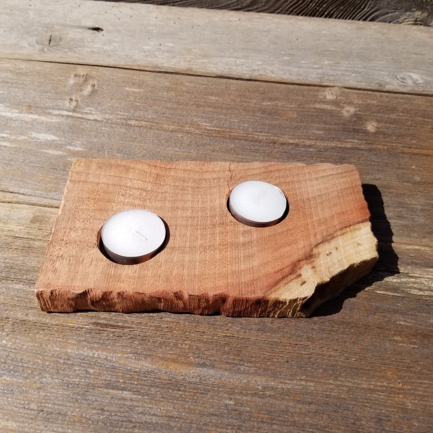 Tealight Candle Holder 2 Candles Wood Rustic Home Decor Handmade Wood Gift #528 Unique One of a Kind Gift Raw Unfinished Natural Redwood