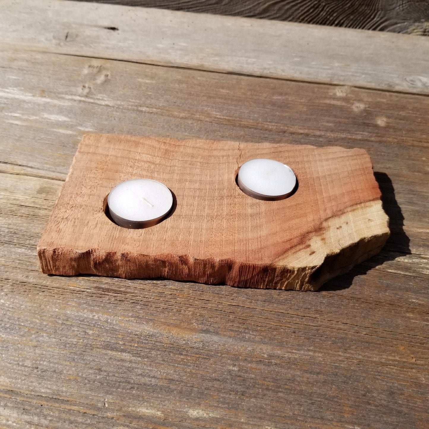 Tealight Candle Holder 2 Candles Wood Rustic Home Decor Handmade Wood Gift #528 Unique One of a Kind Gift Raw Unfinished Natural Redwood