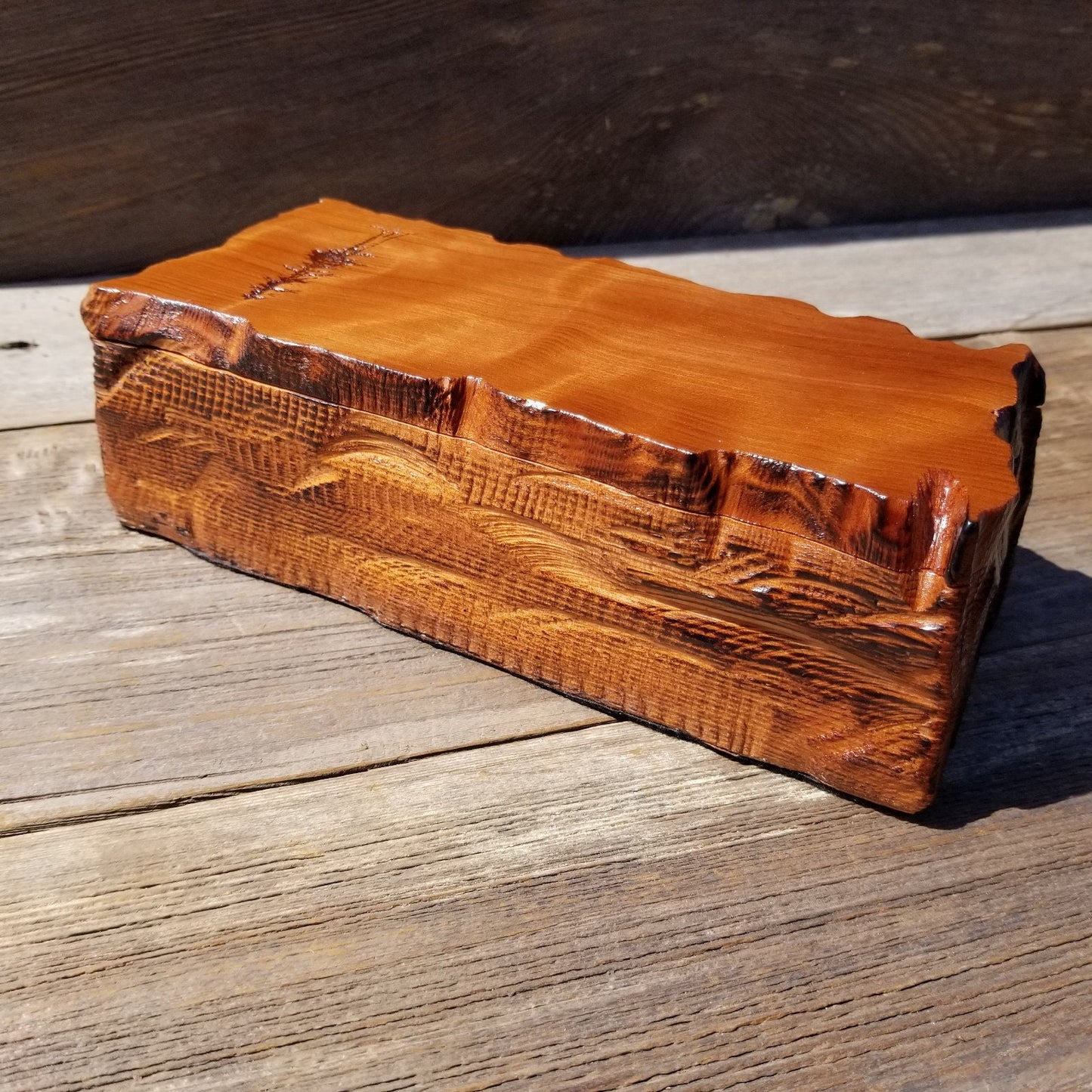 Handmade Wood Box with Redwood Tree Engraved Rustic Handmade Curly Wood #506 California Redwood Jewelry Box Storage Box