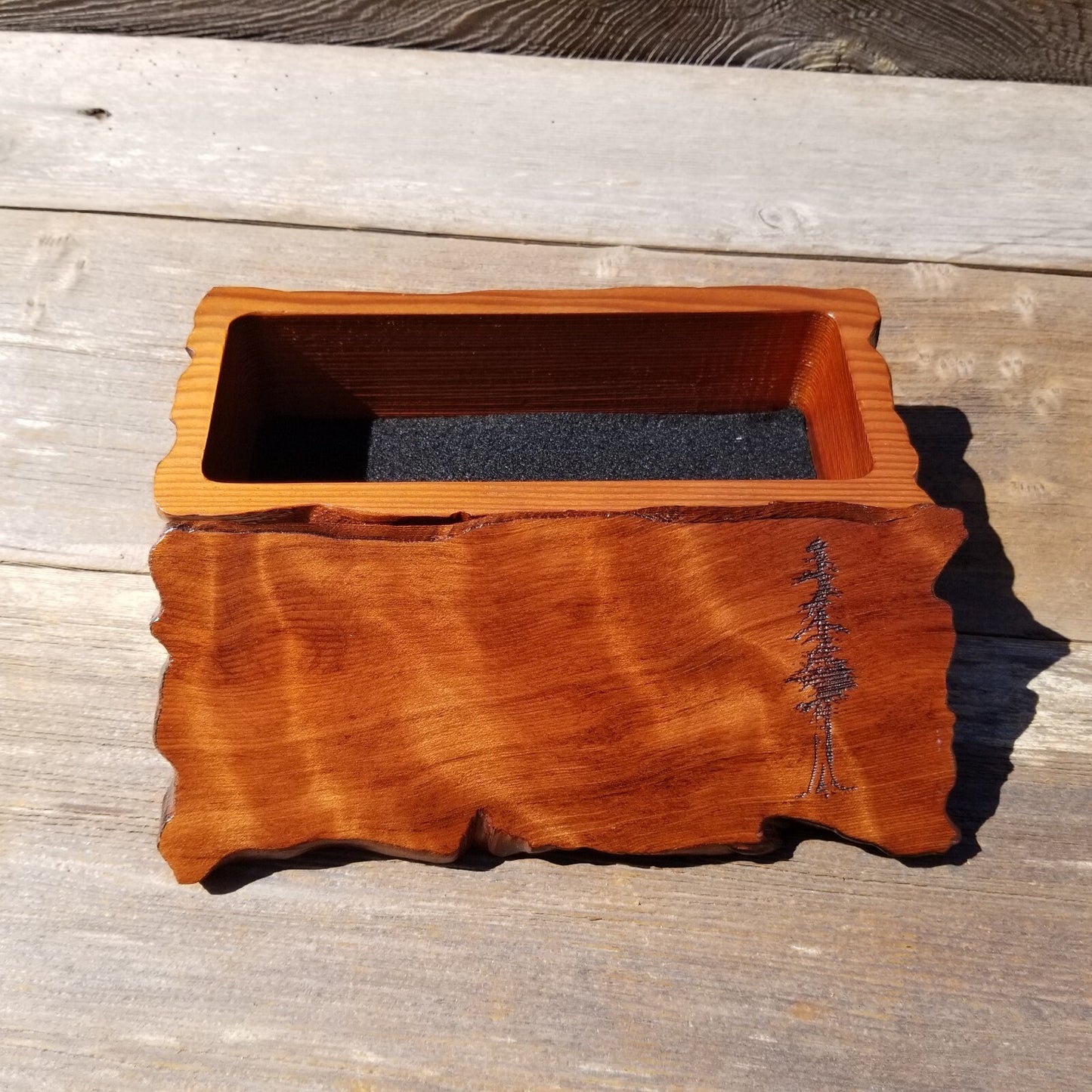 Handmade Wood Box with Redwood Tree Engraved Rustic Handmade Curly Wood #494 California Redwood Jewelry Box Storage Box