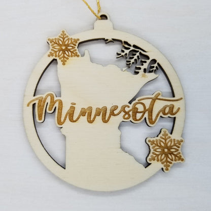 Minnesota Wood Ornament -  MN State Shape with Snowflakes Cutout - Handmade Wood Ornament Made in USA Christmas Decor