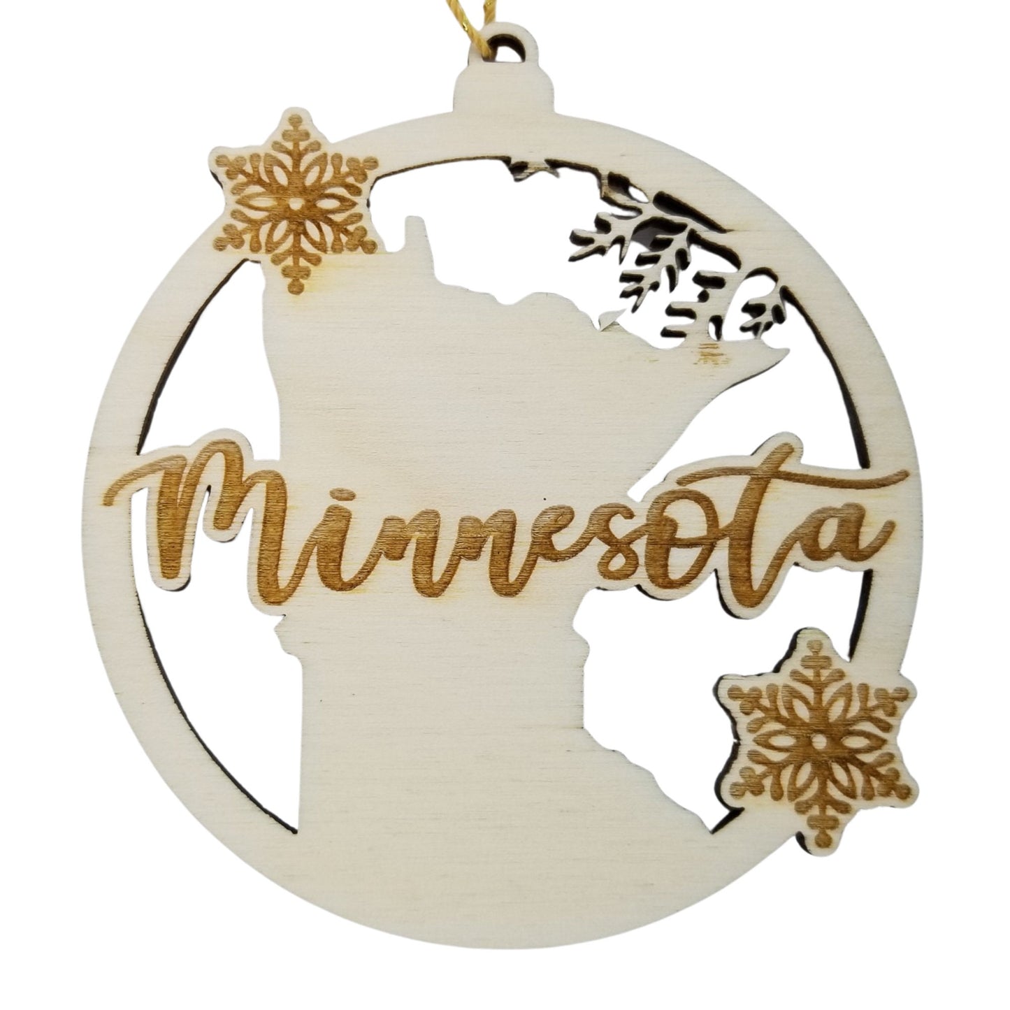 Minnesota Wood Ornament -  MN State Shape with Snowflakes Cutout - Handmade Wood Ornament Made in USA Christmas Decor