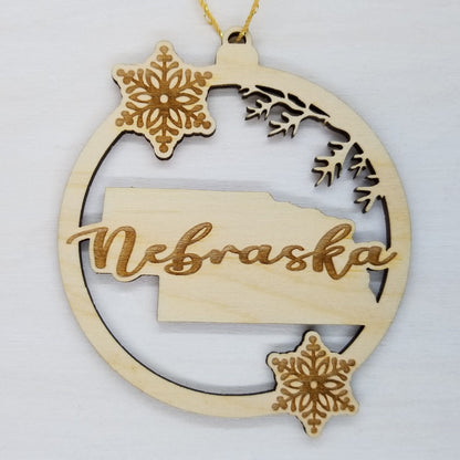 Nebraska Wood Ornament -  State Shape with Snowflakes Cutout NE- Handmade Wood Ornament Made in USA Christmas Decor