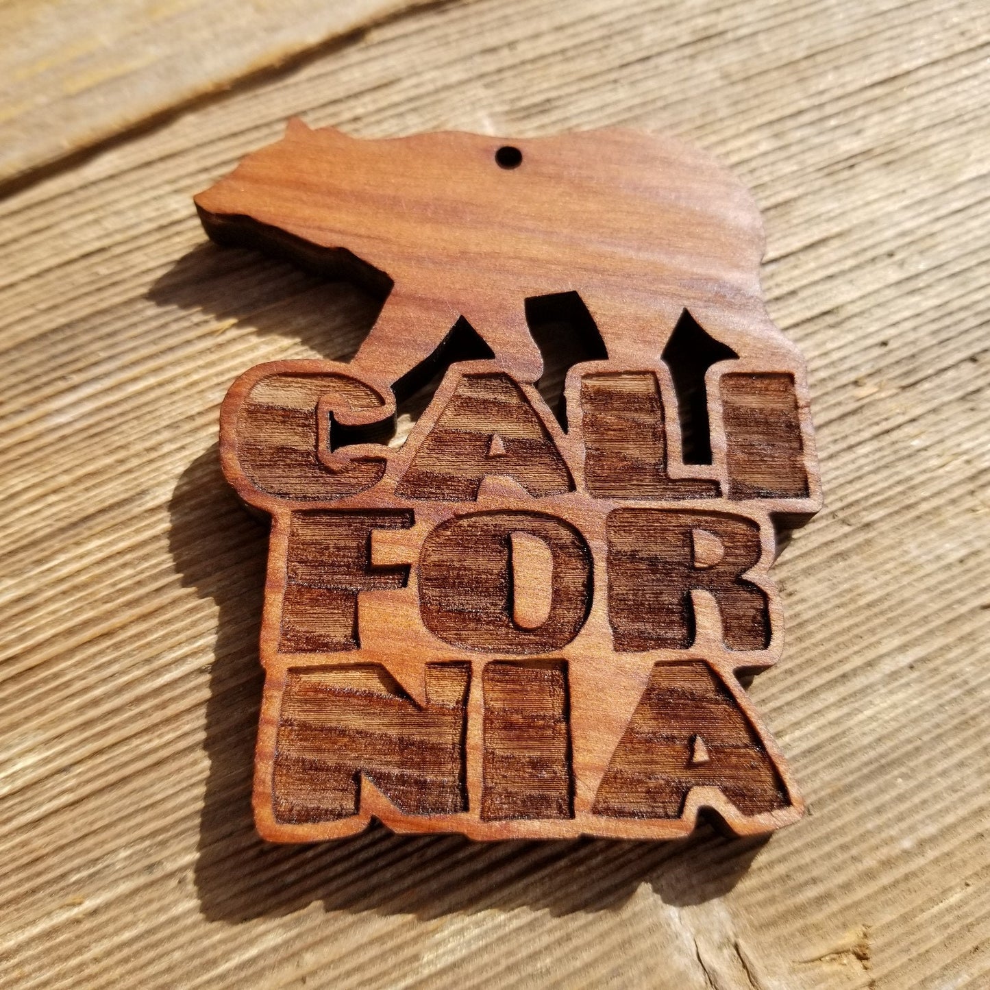 California Bear Christmas Ornament Bubble Spellout Letters Handmade Wood Ornament Made in USA Laser Cut Cutout Shape CA Souvenir