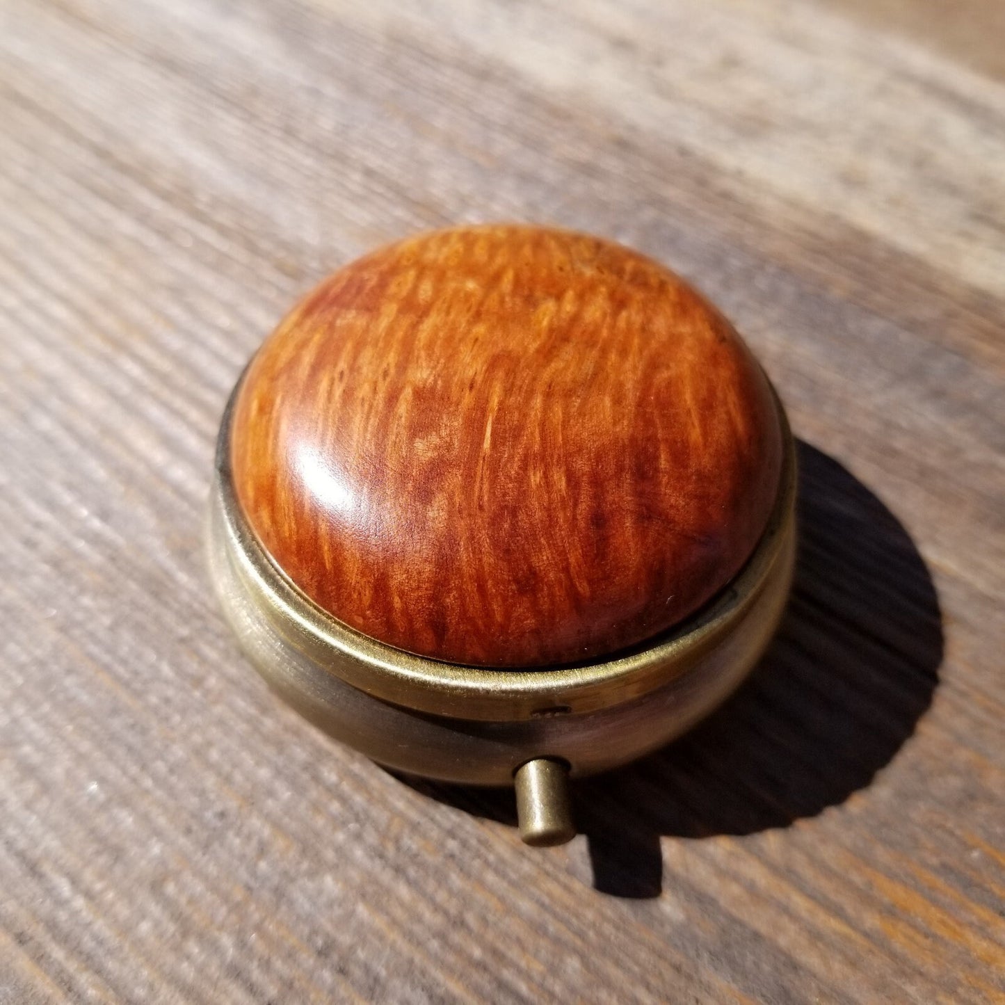 Wood Pill Box 3 Sections Handmade Top California Redwood Burl #410 Souvenir Memento Mothers Day Gift Antique Bronze