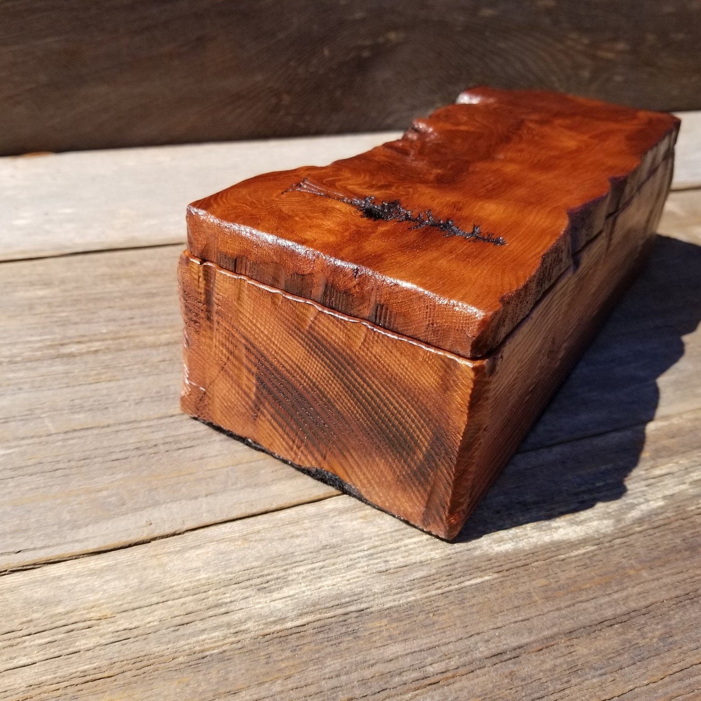 Handmade Wood Box with Redwood Tree Engraved Rustic Handmade Curly Wood #501 California Redwood Jewelry Box Storage Box