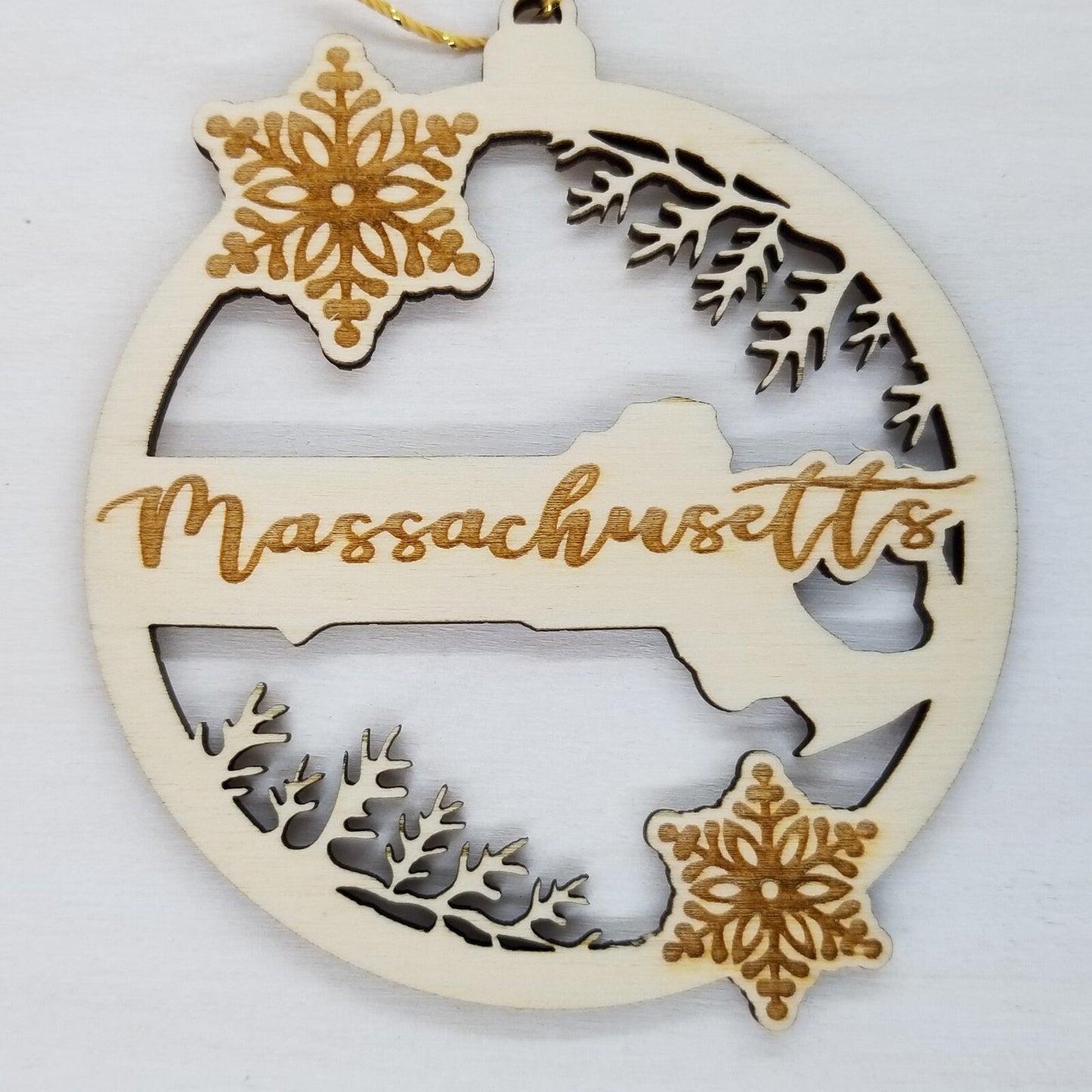 Massachusetts Wood Ornament -  State Shape with Snowflakes MA Cutout - Handmade Wood Ornament Made in USA Christmas Decor