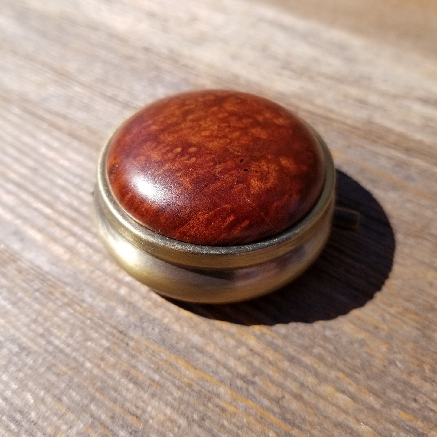 Wood Pill Box 3 Sections Handmade Top California Redwood Burl #406 Souvenir Memento Mothers Day Gift Antique Bronze