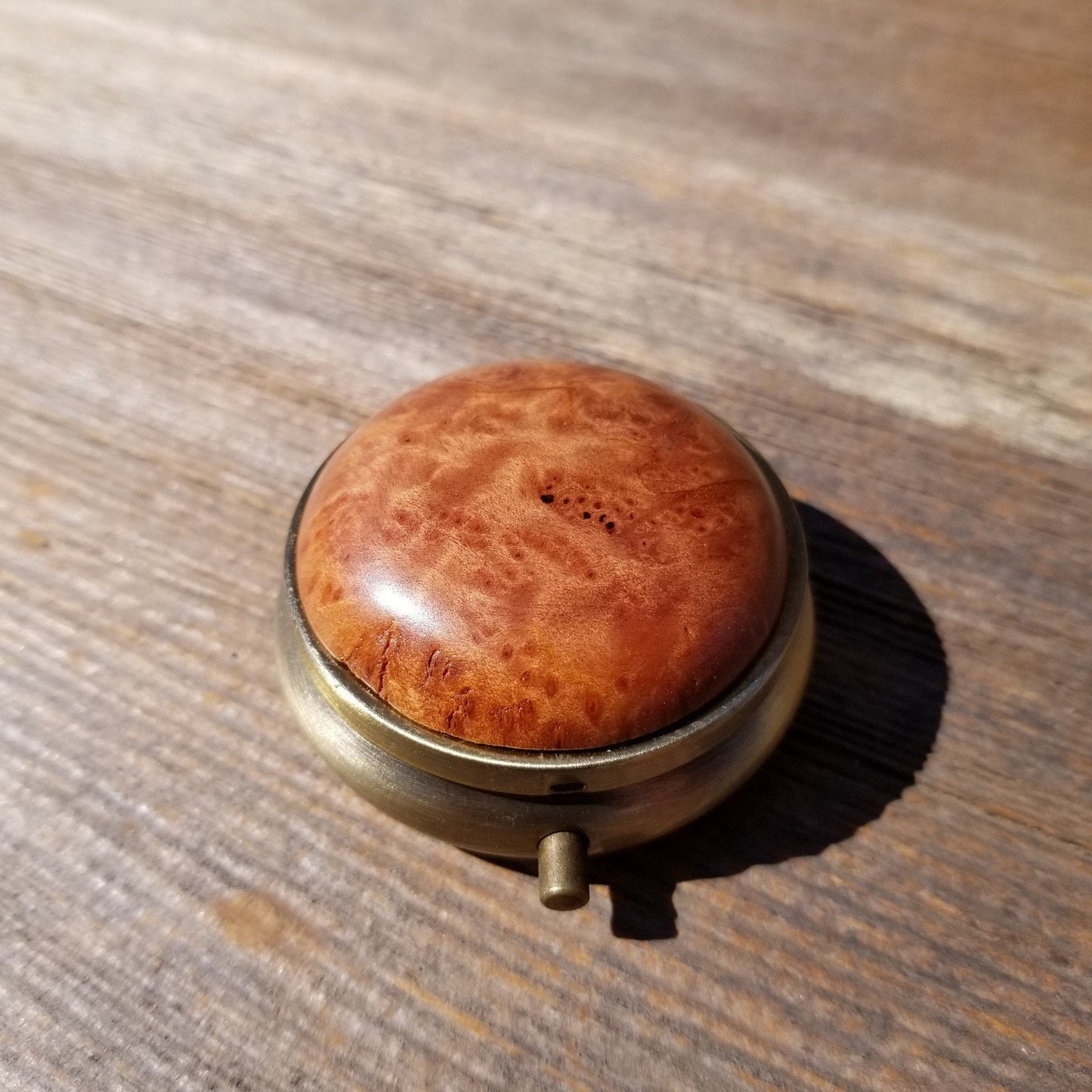 Redwood Pill Box 3 Sections Handmade Top California Burl Souvenir Memento Mothers Day Gift Antique Bronze #412