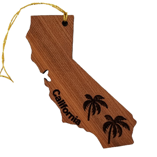 California State Shape Christmas Ornament Palm Trees Laser Cut Handmade Wood Ornament Made in USA