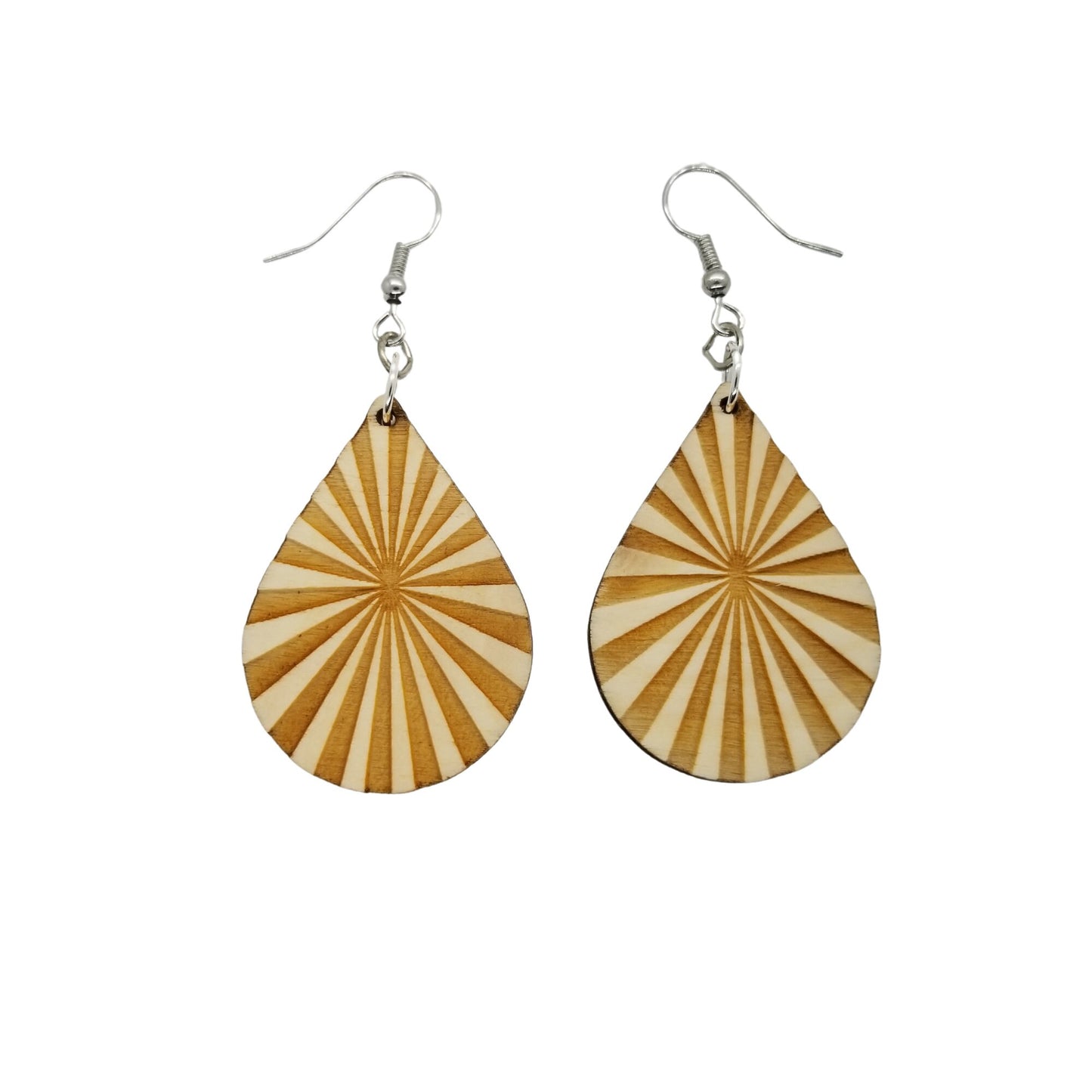 Wood Earrings - Abstract Rays Pattern Engraved Teardrop Lightweight Wood Earrings - Dangle Earrings - Anniversary Gift