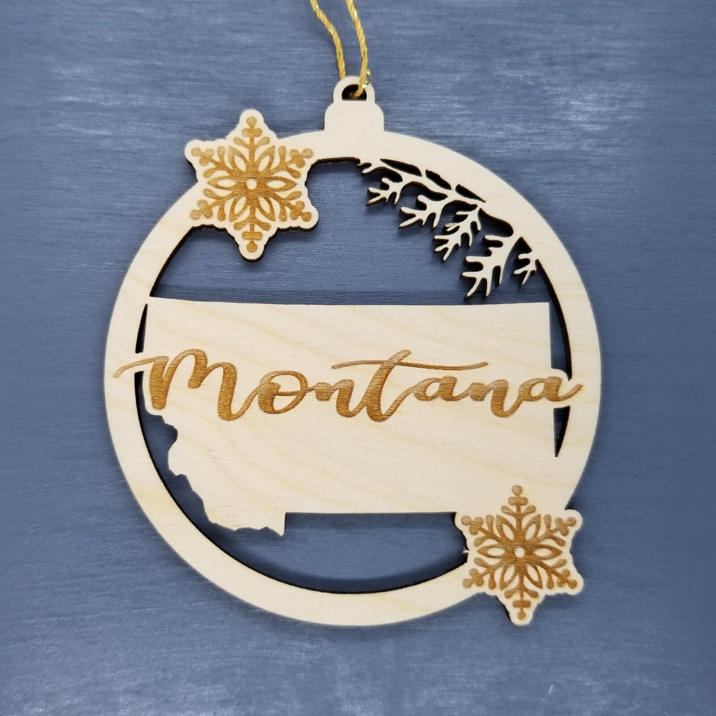 Montana Ornament - State Shape with Snowflakes Cutout MT - Handmade Wood Ornament Made in USA Christmas Decor