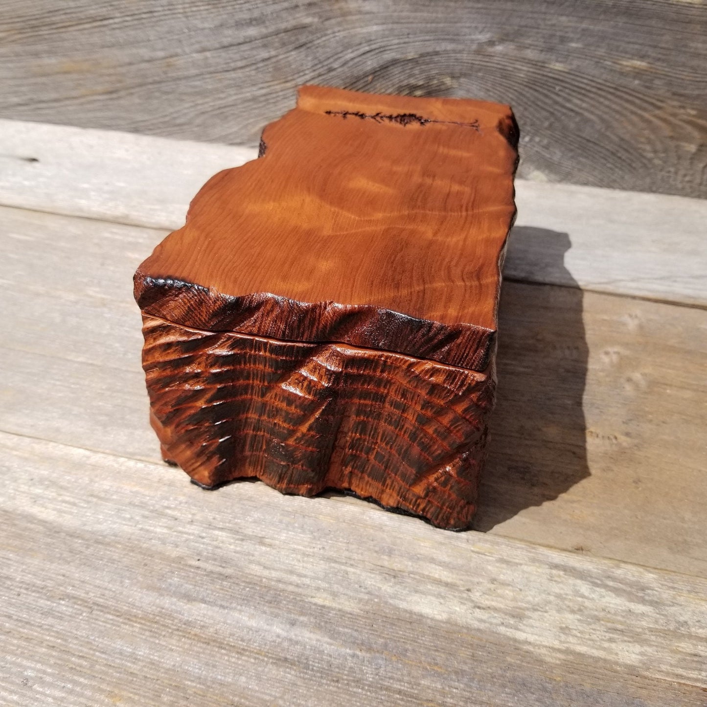 Handmade Wood Box with Redwood Tree Engraved Rustic Handmade Curly Wood #460 California Redwood Jewelry Box Storage Box