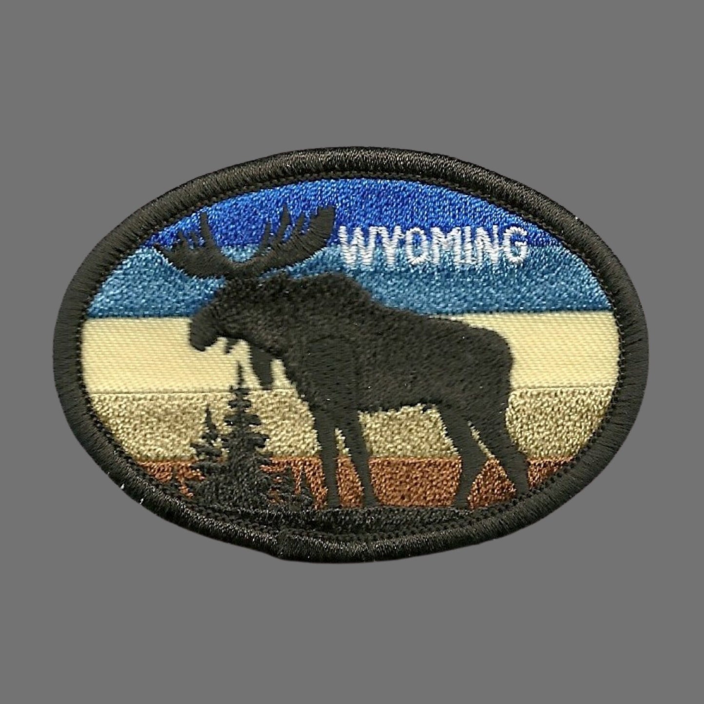 Wyoming Patch – WY Moose and Trees - Travel Patch Iron On – Souvenir Patch – Embellishment Applique – Travel Gift 3" Retro Sunset