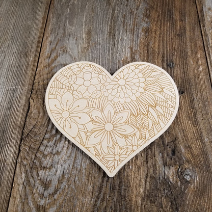 Color Your Own Wood Art ONLY DIY - Wood Trivet - Coloring Project - Craft Supply - Adult Craft Project - Floral Relaxation Gift Heart #2