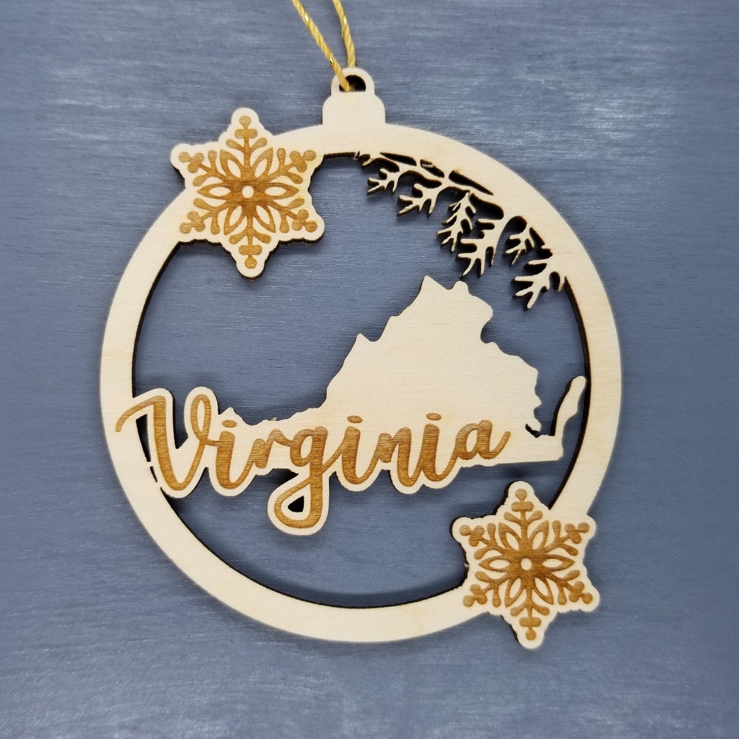 Virginia Wood Ornament -  VA State Shape with Snowflakes Cutout - Handmade Wood Ornament Made in USA Christmas Decor