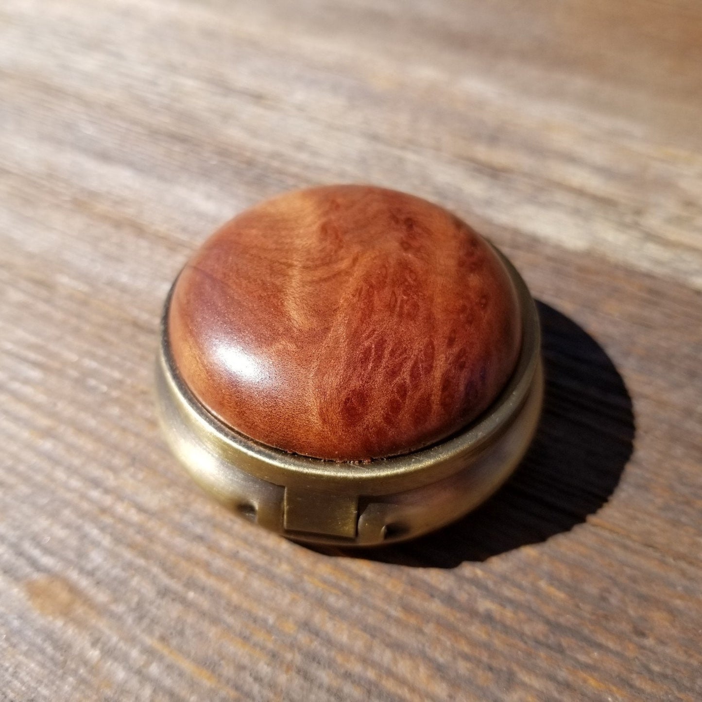 California Burl  Handmade Pill Box 3 Sections Redwood Top #413 Souvenir Memento Rustic Antique Bronze