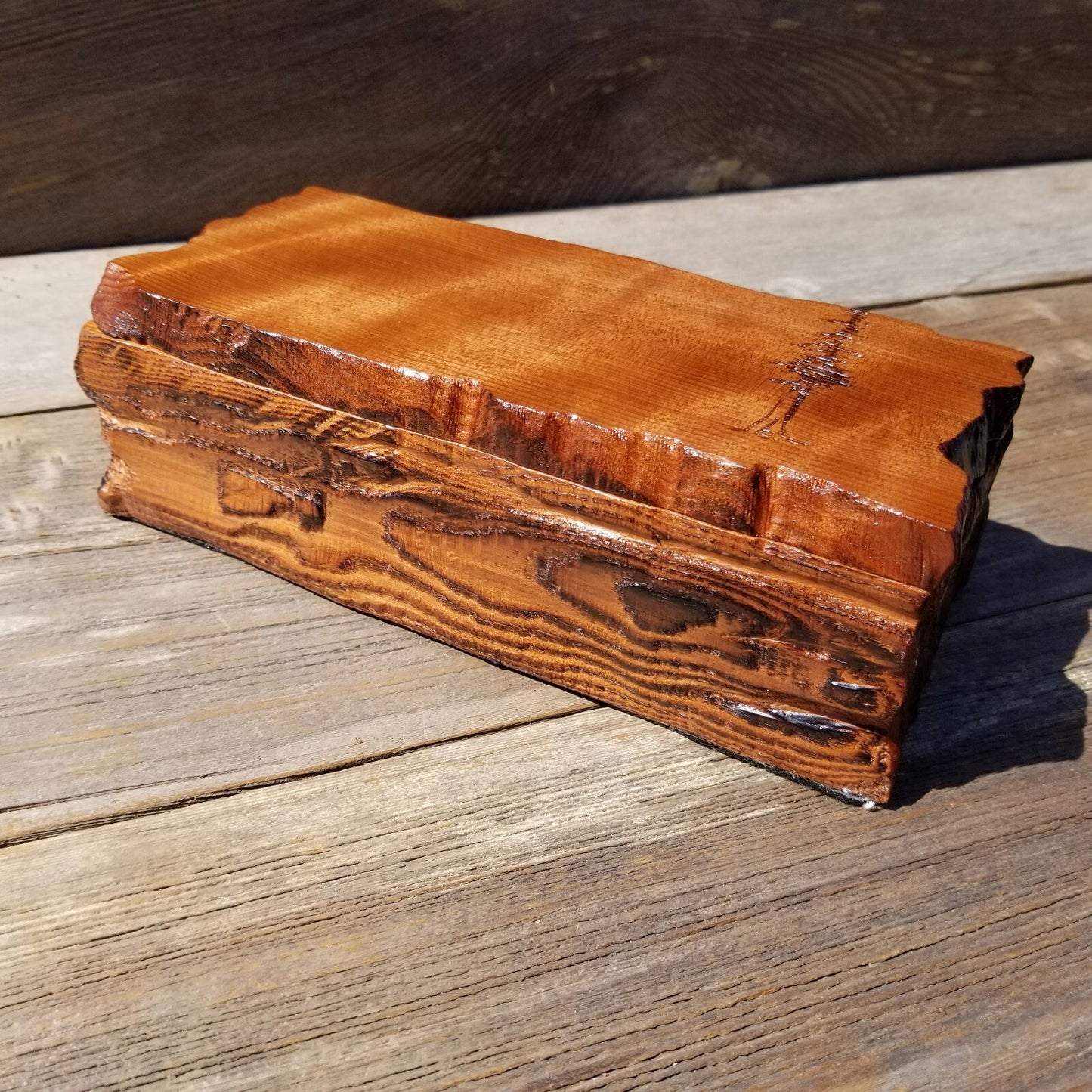 Handmade Wood Box with Redwood Tree Engraved Rustic Handmade Curly Wood #505 California Redwood Jewelry Box Storage Box