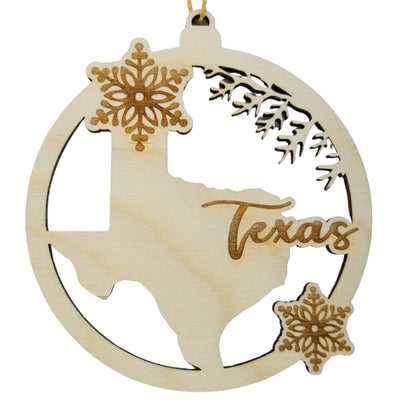 Texas Wood Ornament -  TX State Shape with Snowflakes Cutout - Handmade Wood Ornament Made in USA Christmas Decor