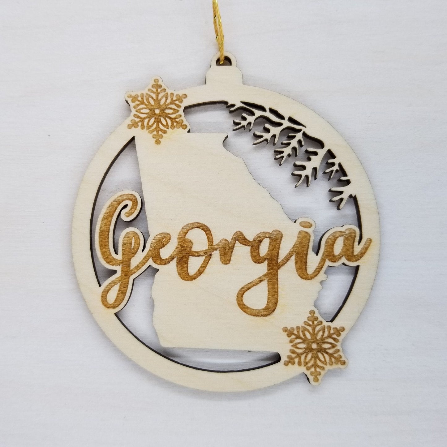 Georgia Ornament - State Shape with Snowflakes Cutout GA Souvenir- Handmade Wood Ornament Made in USA Christmas Decor