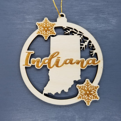 Indiana Ornament - State Shape with Snowflakes Cutout IN Souvenir - Handmade Wood Ornament Made in USA Christmas Decor