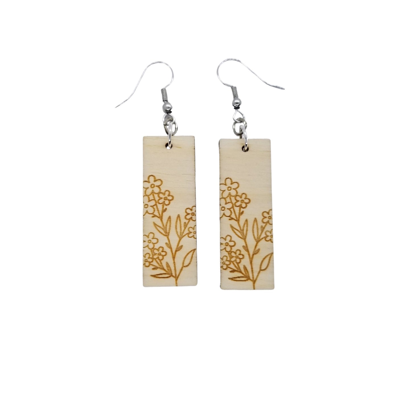 Wood Earrings - Floral Rectangle Shape Engraved Wood Drop Earrings - Dangle Earrings - Gift Flowers Daisies