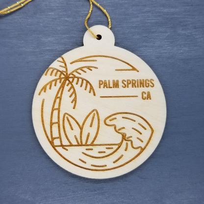 Palm Springs California Ornament Handmade Wood Ornament Souvenir CA Ocean Beach Waves Palm Trees Surfboards Travel Gift Made in USA