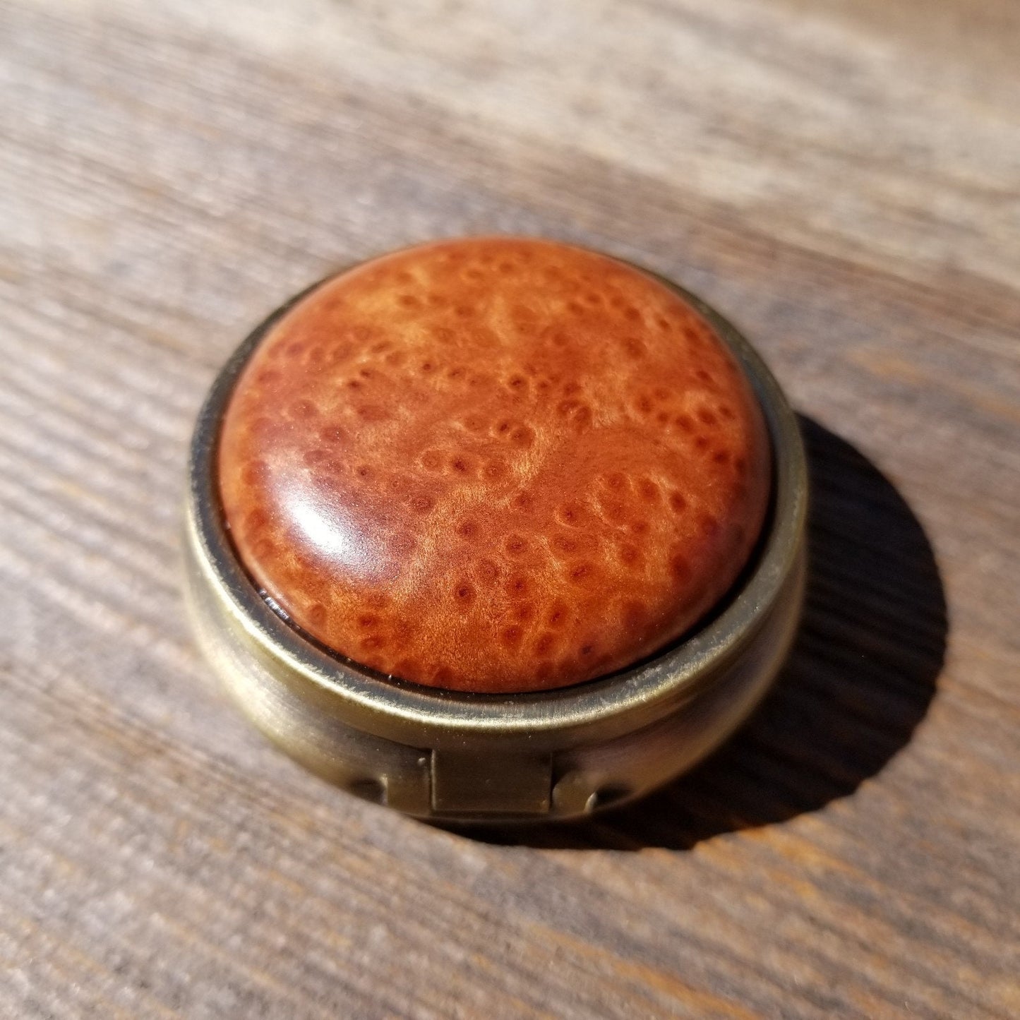 Redwood Pill Box 3 Sections Handmade Top California Burl #411 Souvenir Memento Mothers Day Gift Antique Bronze