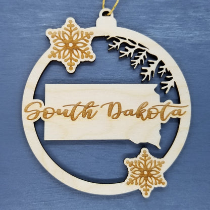 South Dakota Wood Ornament -  SD State Shape with Snowflakes Cutout - Handmade Wood Ornament Made in USA Christmas Decor