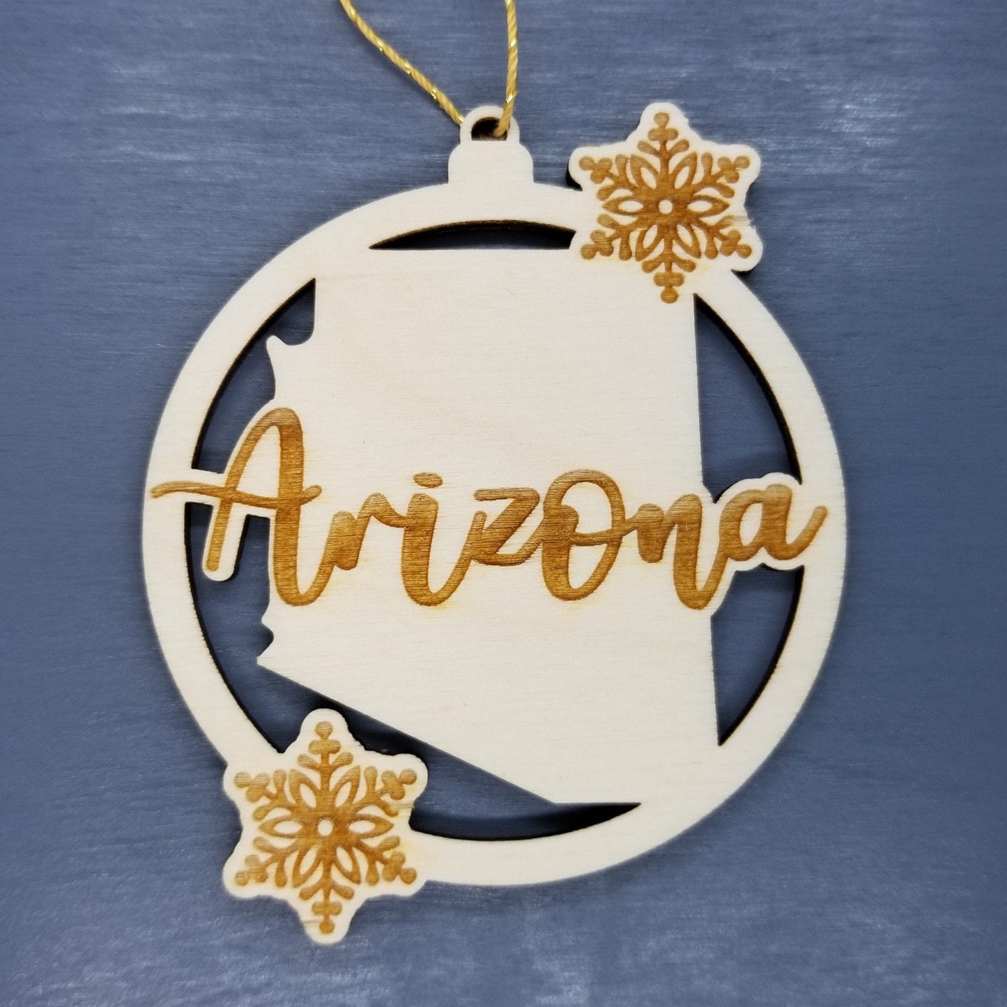 Arizona Ornament - State Shape with Snowflakes Cutout AZ- Handmade Wood Ornament Made in USA Christmas Decor