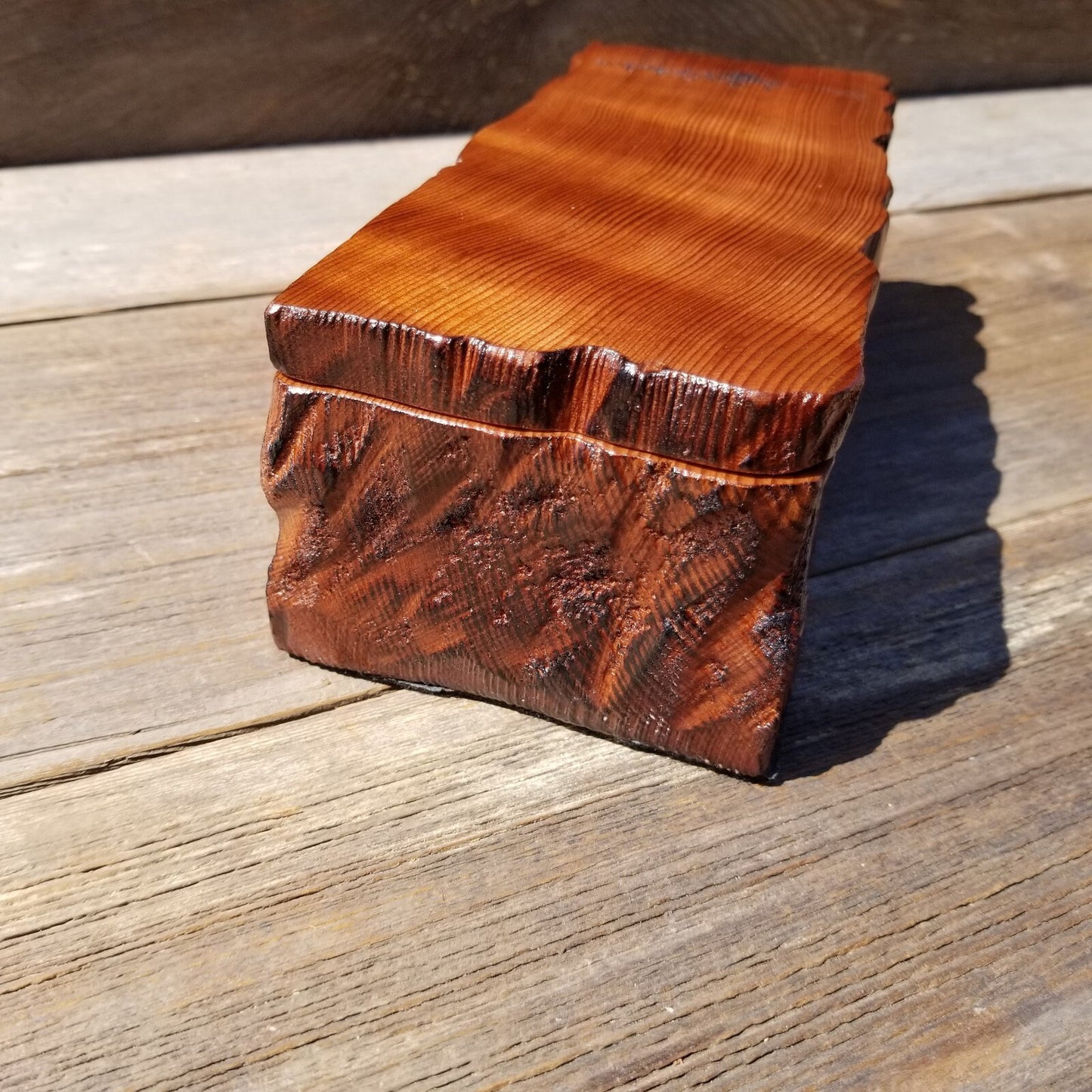 Handmade Wood Box with Redwood Tree Engraved Rustic Handmade Curly Wood #503 California Redwood Jewelry Box Storage Box