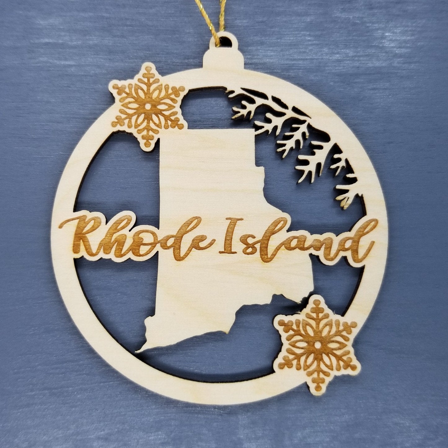 Rhode Island Wood Ornament -  State Shape with Snowflakes Cutout RI - Handmade Wood Ornament Made in USA Christmas Decor