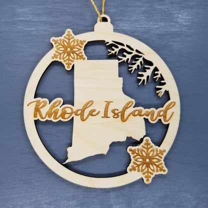 Rhode Island Wood Ornament -  State Shape with Snowflakes Cutout RI - Handmade Wood Ornament Made in USA Christmas Decor