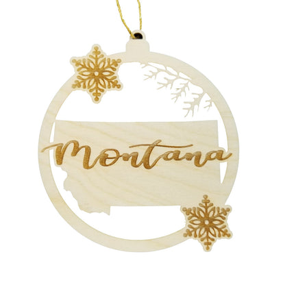 Montana Ornament - State Shape with Snowflakes Cutout MT - Handmade Wood Ornament Made in USA Christmas Decor