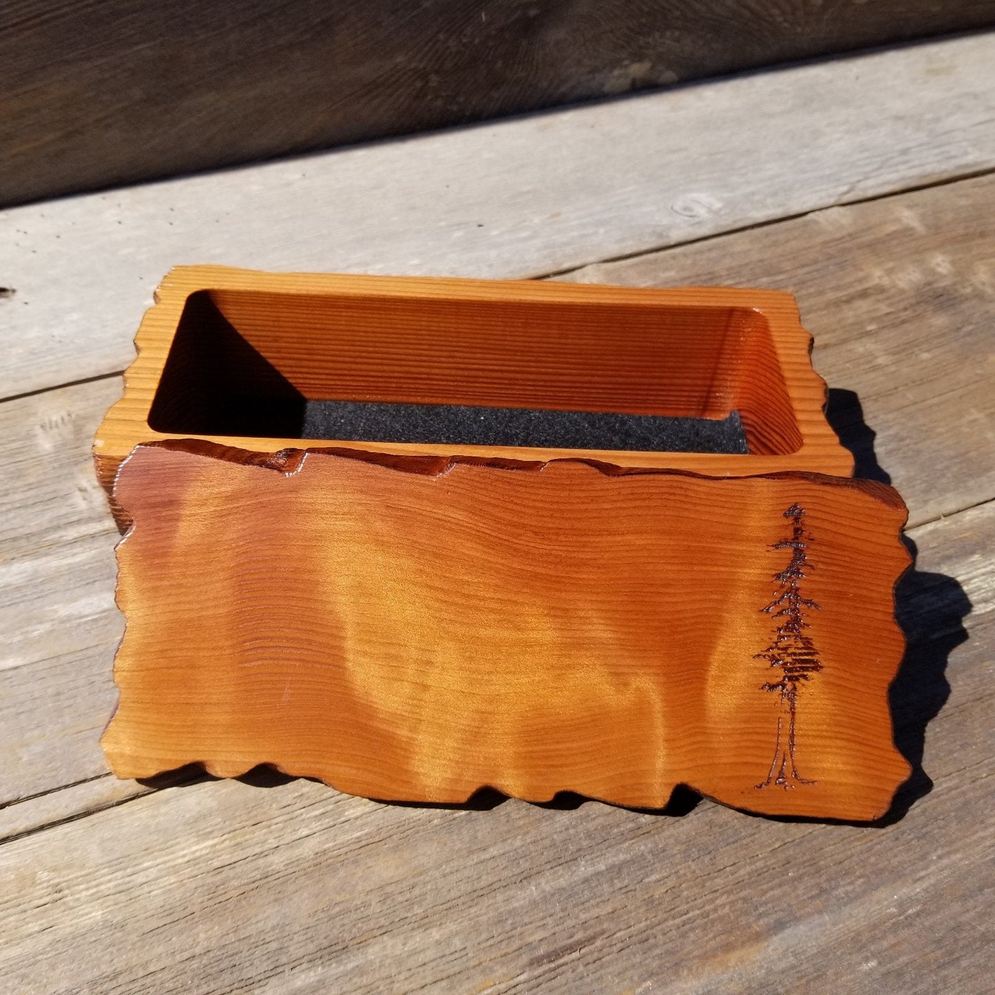 Handmade Wood Box with Redwood Tree Engraved Rustic Handmade Curly Wood #508 California Redwood Jewelry Box Storage Box