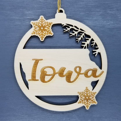 Iowa Ornament - State Shape with Snowflakes Cutout IA Souvenir - Handmade Wood Ornament Made in USA Christmas Decor