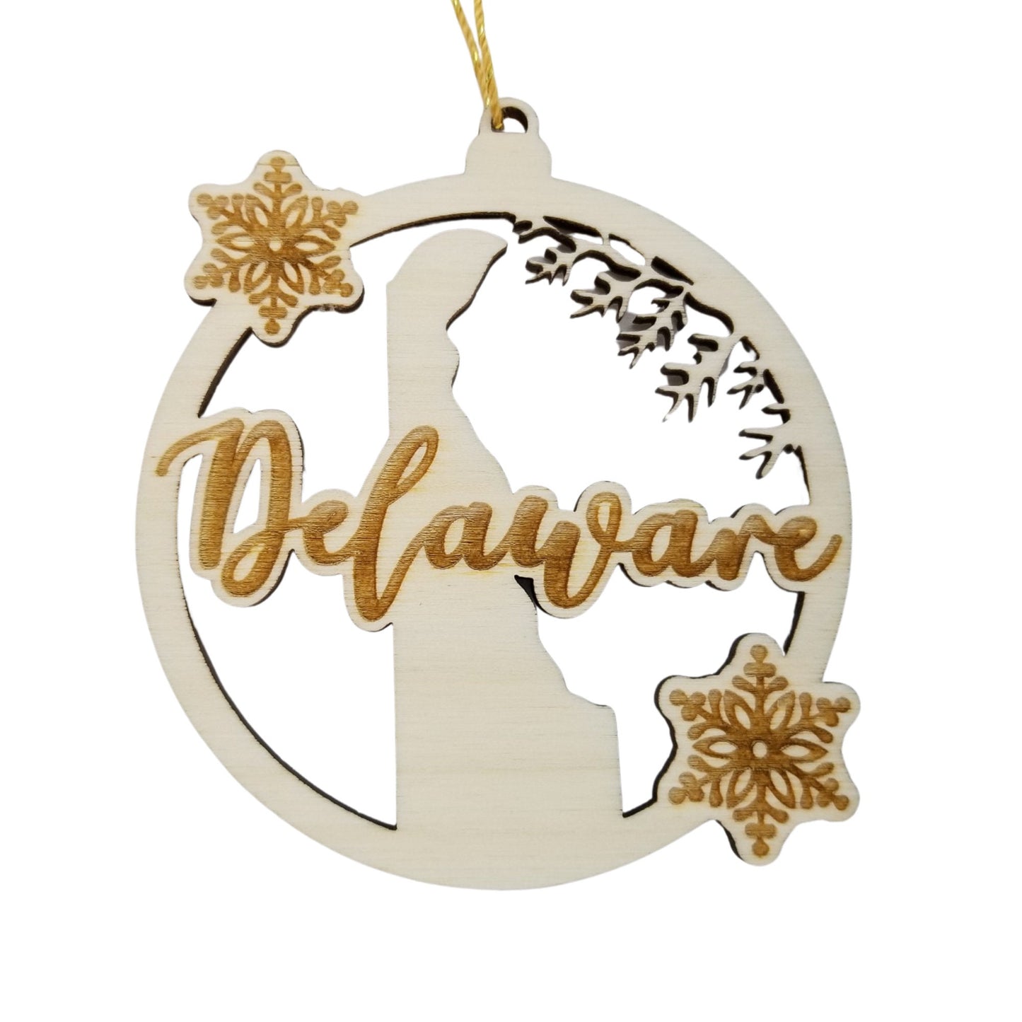 Delaware Wood Ornament -  DE State Shape with Snowflakes Cutout - Handmade Wood Ornament Made in USA Christmas Decor