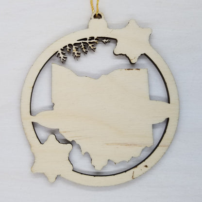 Ohio Wood Ornament -  State Shape with Snowflakes Cutout OH - Handmade Wood Ornament Made in USA Christmas Decor