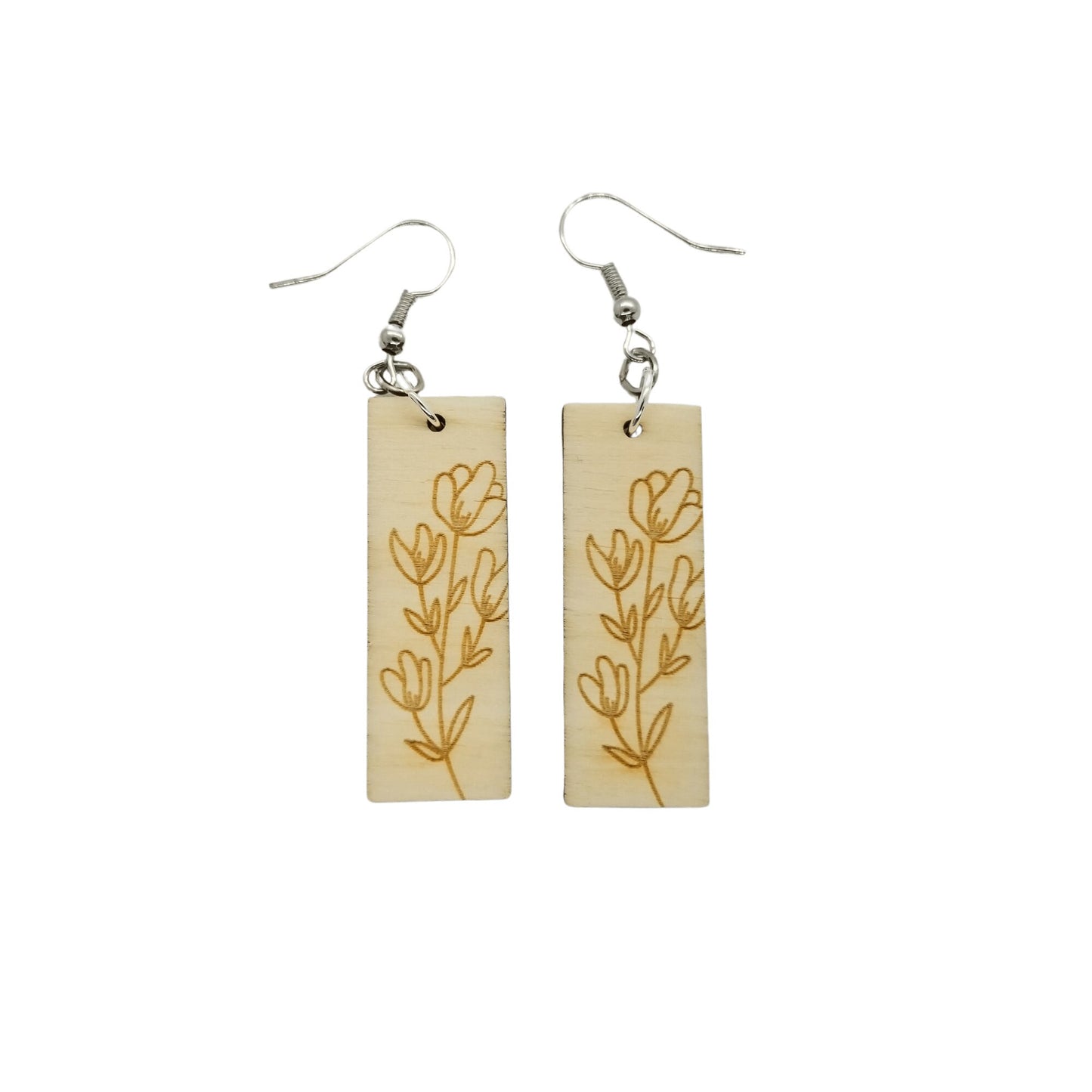 Wood Earrings - Floral Rectangle Shape Engraved Wood Drop Earrings - Dangle Earrings - Gift Flowers Tulips