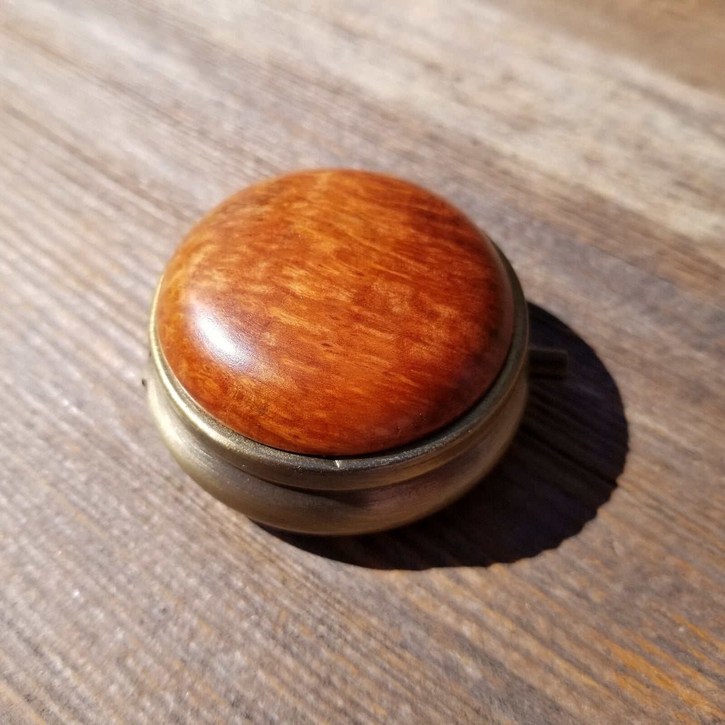 Wood Pill Box 3 Sections Handmade Top California Redwood Burl #410 Souvenir Memento Mothers Day Gift Antique Bronze