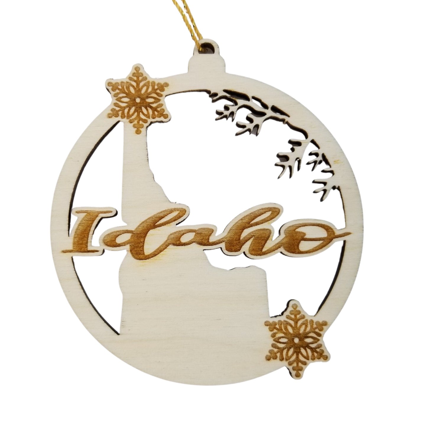 Idaho Wood Ornament -  ID State Shape with Snowflakes Cutout - Handmade Wood Ornament Made in USA Christmas Decor